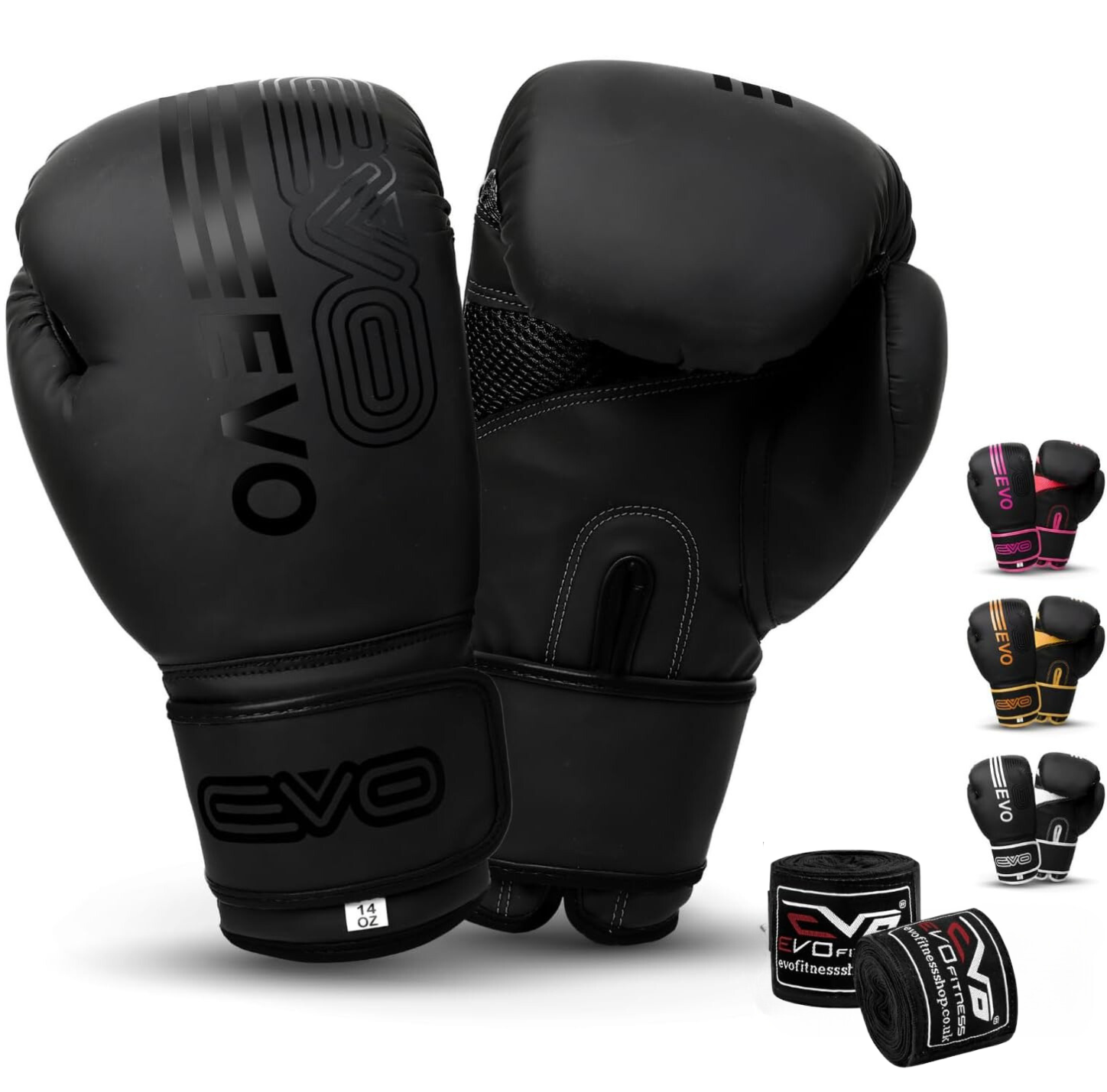 evo-fitness-matte-black-boxing-gloves-mma-muay-thai-martial-arts-kick-boxing